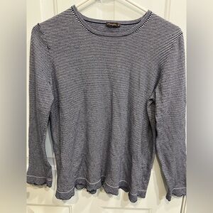 J McLaughlin blue and white striped top with scallop trim